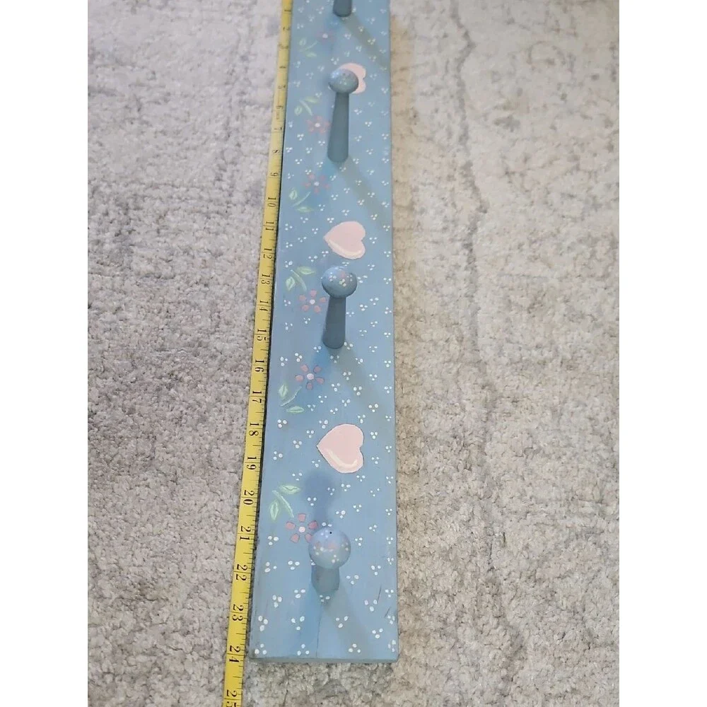Hand Crafted Blue and Pink Wooden Heart Wall Peg Hook Rack
